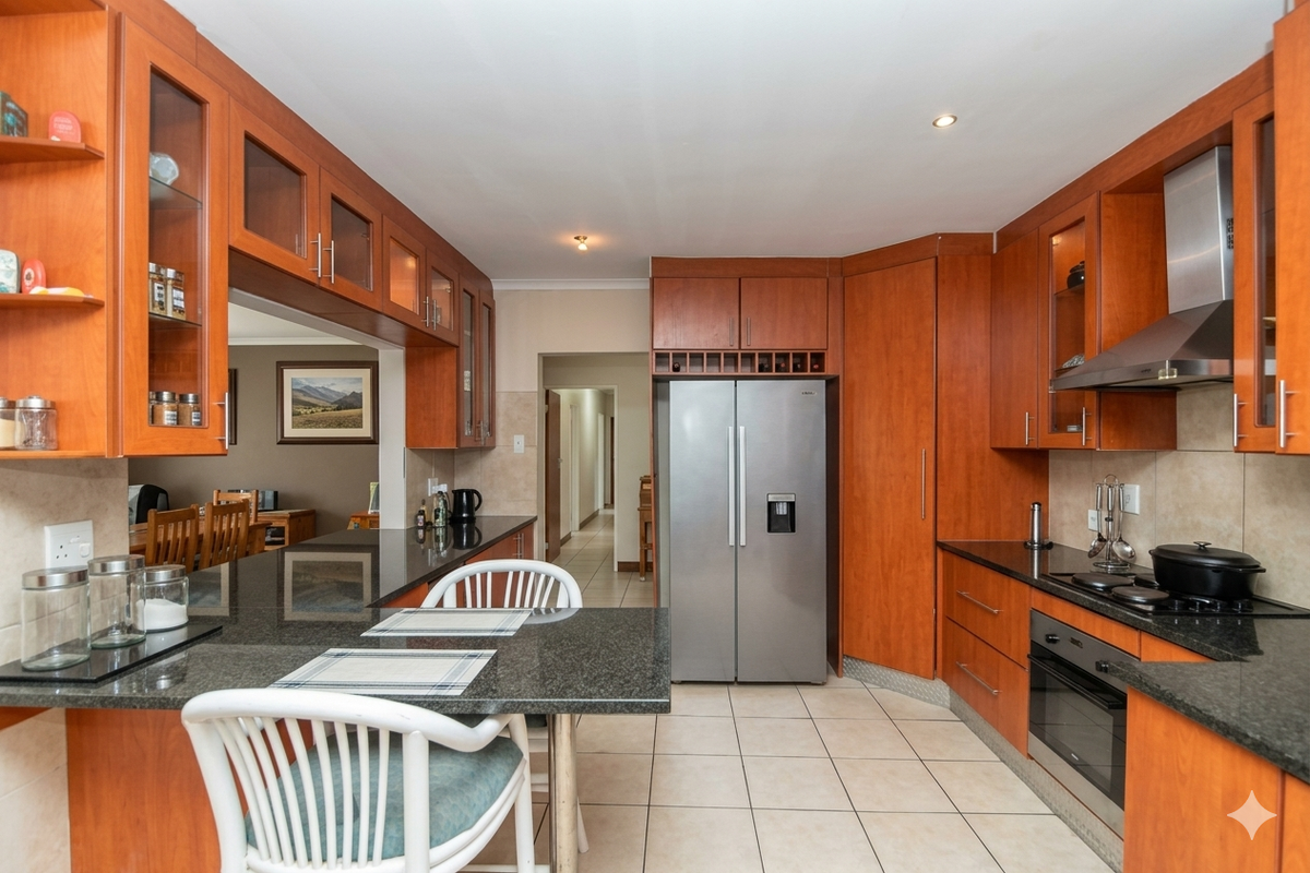 A functional kitchen featuring warm-toned wooden cabinetry, dark granite countertops, a built-in oven, stainless steel extractor fan, and tiled flooring.