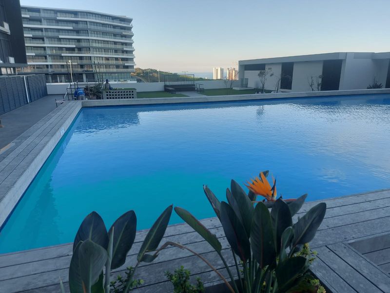 A well-maintained communal swimming pool area featuring timber decking, landscaped surroundings, and scenic views of the surrounding estate and distant coastline.
