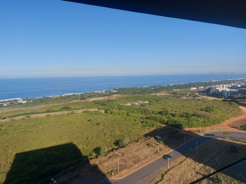 Elevated coastal view overlooking natural landscape, road infrastructure, and the ocean horizon.