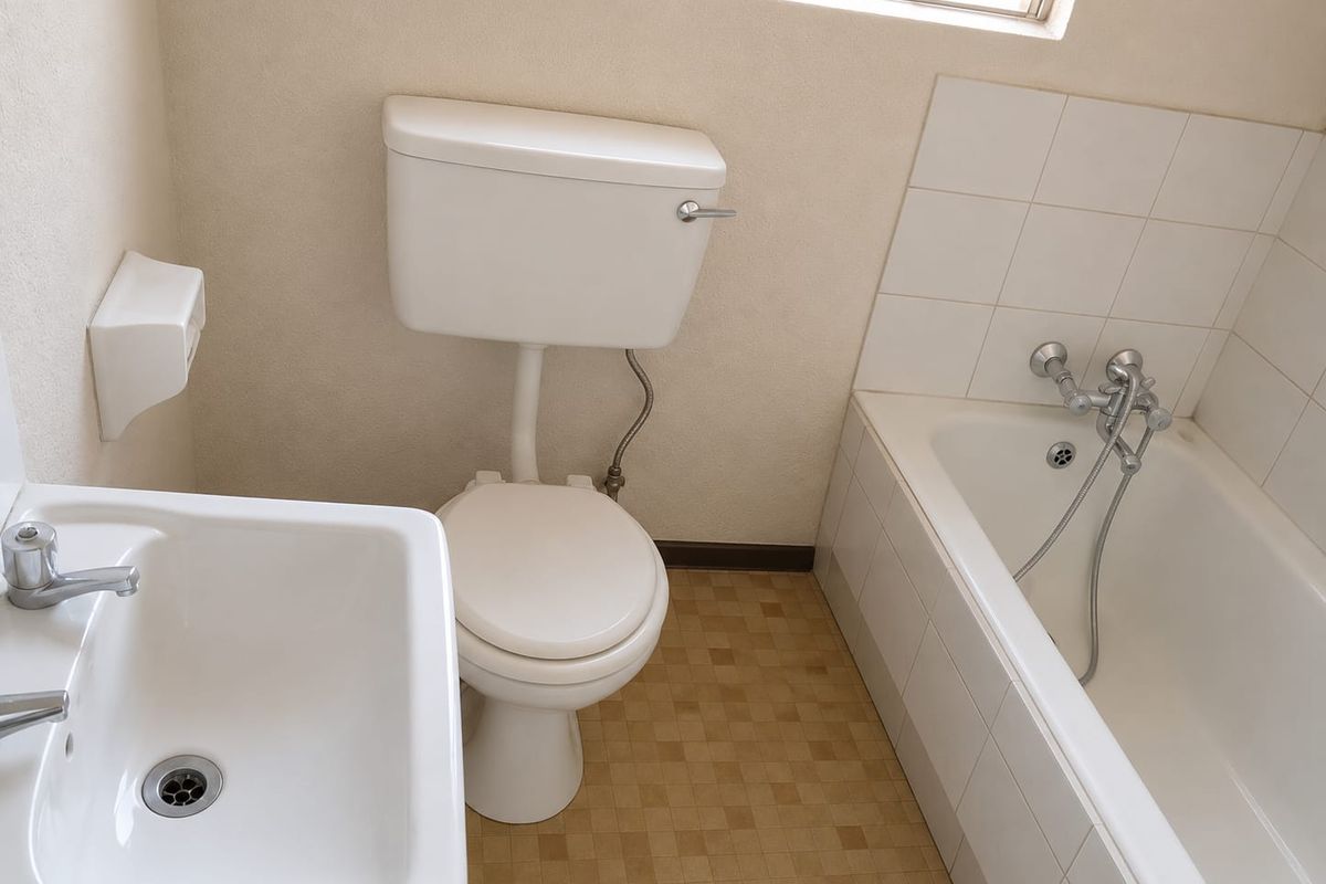 A functional bathroom featuring a standard bathtub with shower mixer, a pedestal basin, and a toilet, finished with neutral wall tiles.