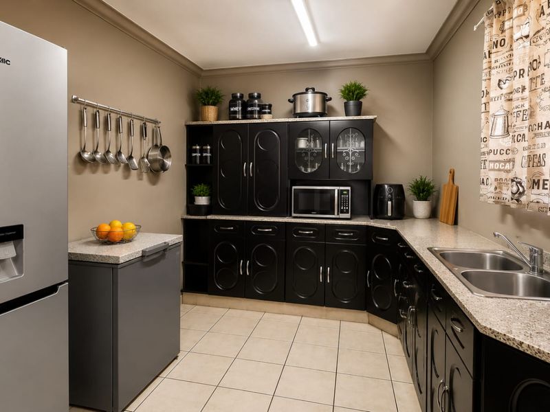 A functional scullery featuring dark cabinetry, stone-look countertops, a double basin sink, and tiled flooring, providing ample storage and prep space.
