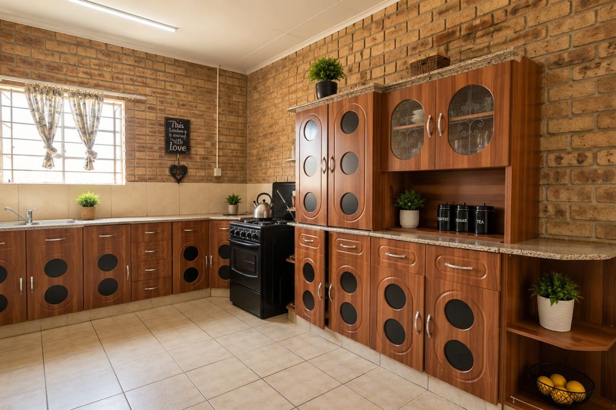 A functional kitchen featuring exposed brick walls, wood-finish cabinetry with circular glass accents, granite countertops, and tiled flooring.