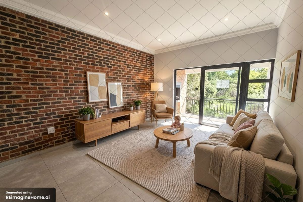 A bright living room featuring a striking exposed brick feature wall, large sliding glass doors leading to a balcony, and modern tiled flooring.