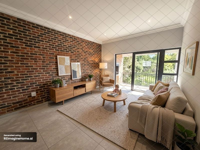 A bright living room featuring a striking exposed brick feature wall, large sliding glass doors leading to a balcony, and modern tiled flooring.