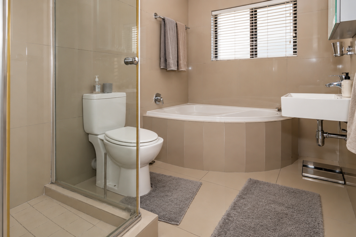 A well-maintained bathroom featuring a glass-enclosed shower, a built-in bathtub, a wall-mounted basin, and neutral floor-to-ceiling tiling.