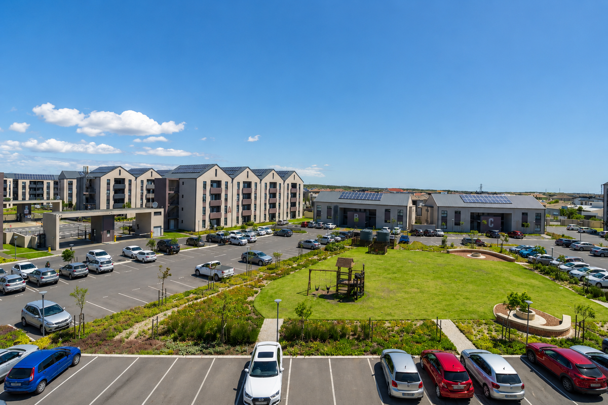 Aerial view of a modern apartment complex featuring multiple residential blocks, paved parking areas, landscaped green spaces, and a children's play area.