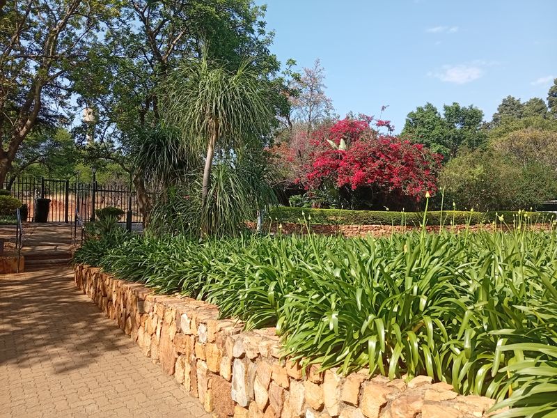 A well-maintained garden area featuring a stone retaining wall, paved walkway, and established landscaping with mature trees and flowering shrubs.