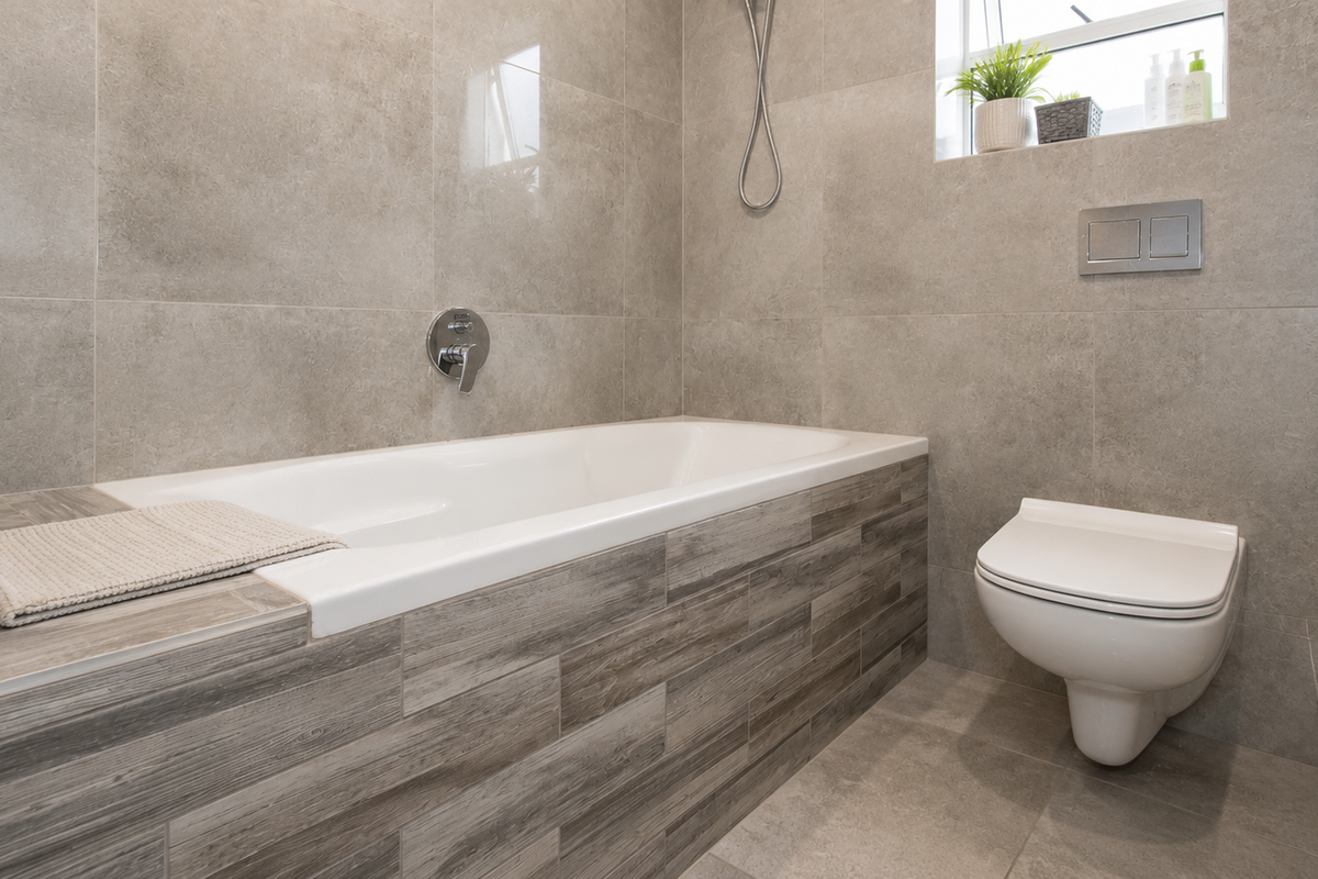 Modern bathroom featuring a built-in bathtub with wood-look tile surround, wall-mounted toilet, and large format grey wall tiles.