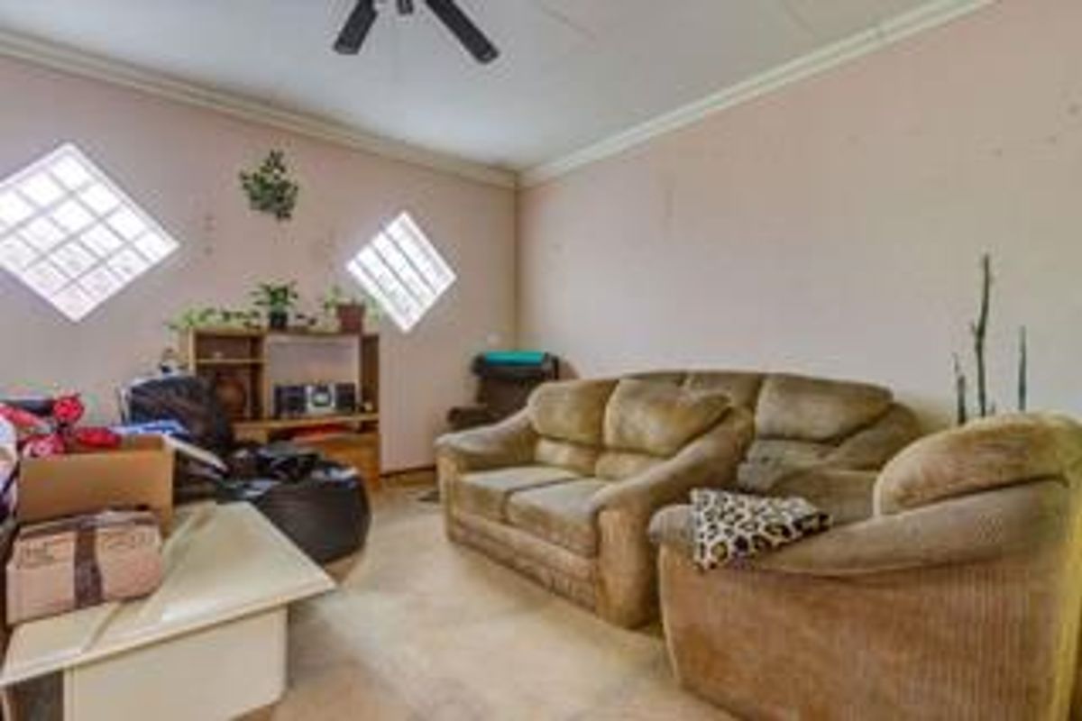 A living room featuring crown molding, a ceiling fan, and distinctive glass block windows, currently showing signs of wear on the walls and flooring.