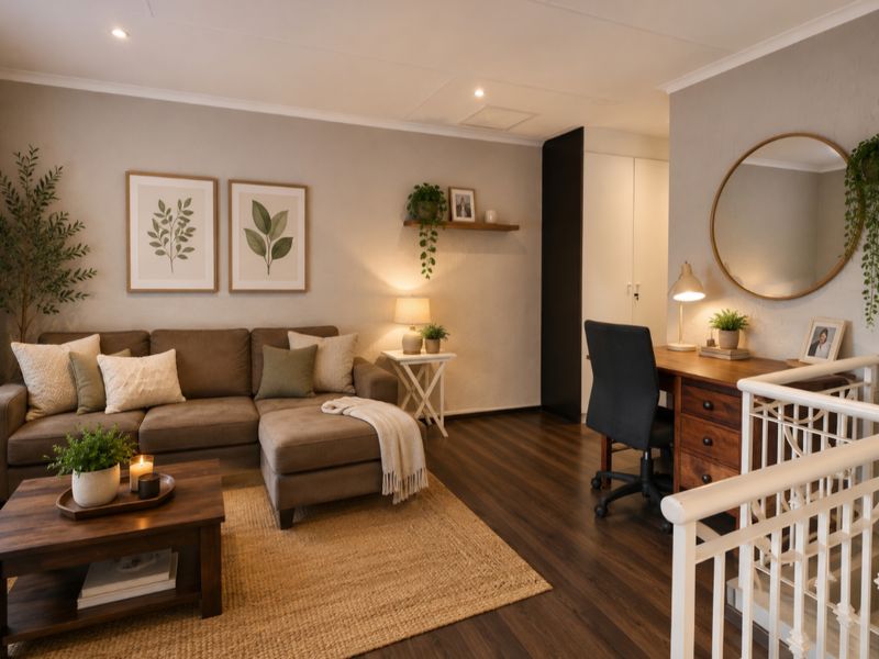 A well-maintained living area featuring dark wood-look flooring, recessed ceiling lighting, and a built-in staircase railing, creating a warm and inviting atmosphere.