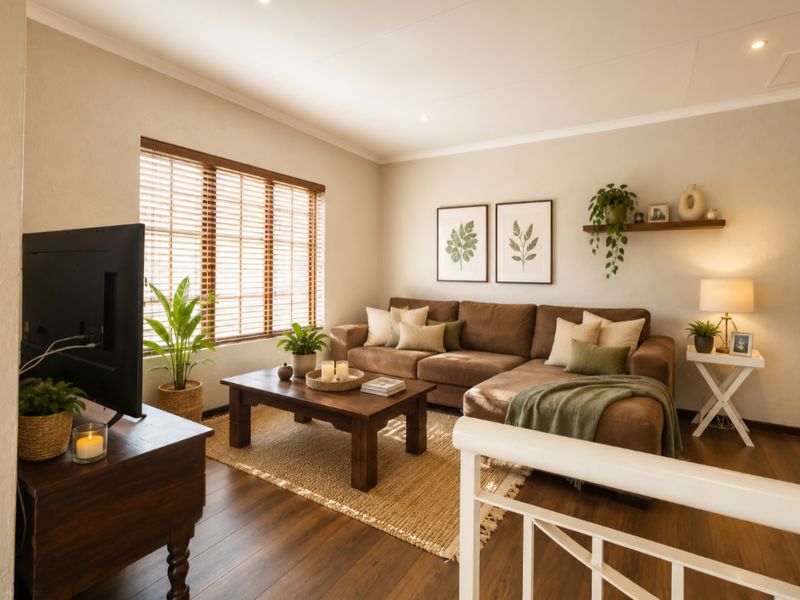 A well-maintained living room featuring dark wood-look flooring, recessed ceiling lighting, and wooden venetian blinds, creating a warm and inviting atmosphere.