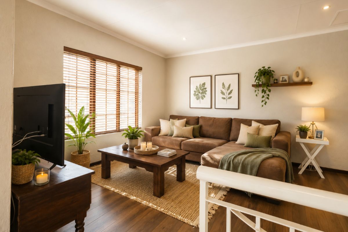 A well-maintained living room featuring dark wood-look flooring, recessed ceiling lighting, and wooden venetian blinds, creating a warm and inviting atmosphere.