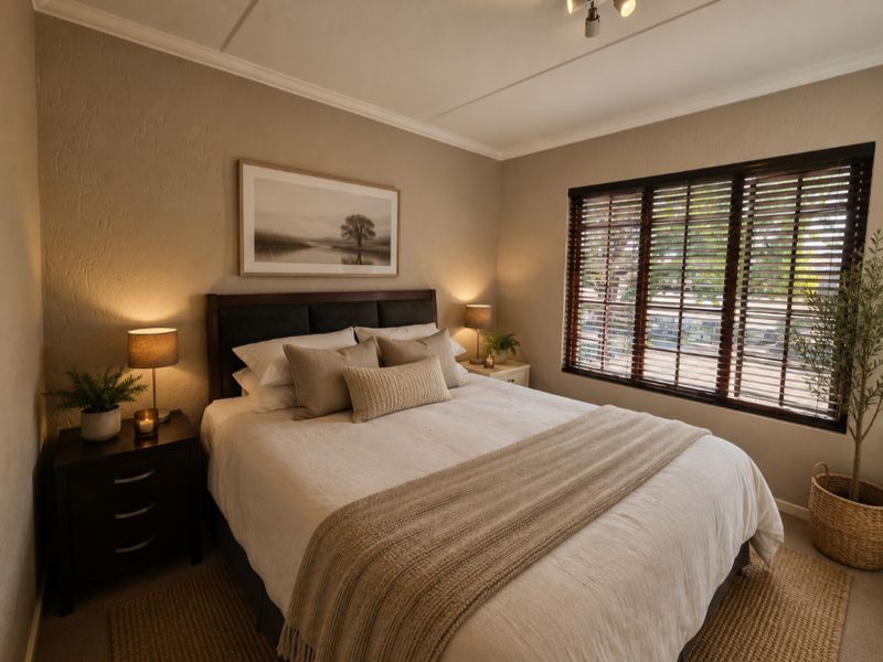 A cozy, well-lit bedroom featuring textured walls, crown molding, and dark wood window blinds, creating a warm and inviting atmosphere.