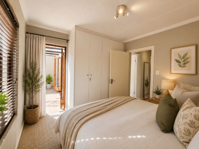 A bright bedroom featuring built-in wardrobes, neutral finishes, and direct access to a private patio area through a glass-paneled door.