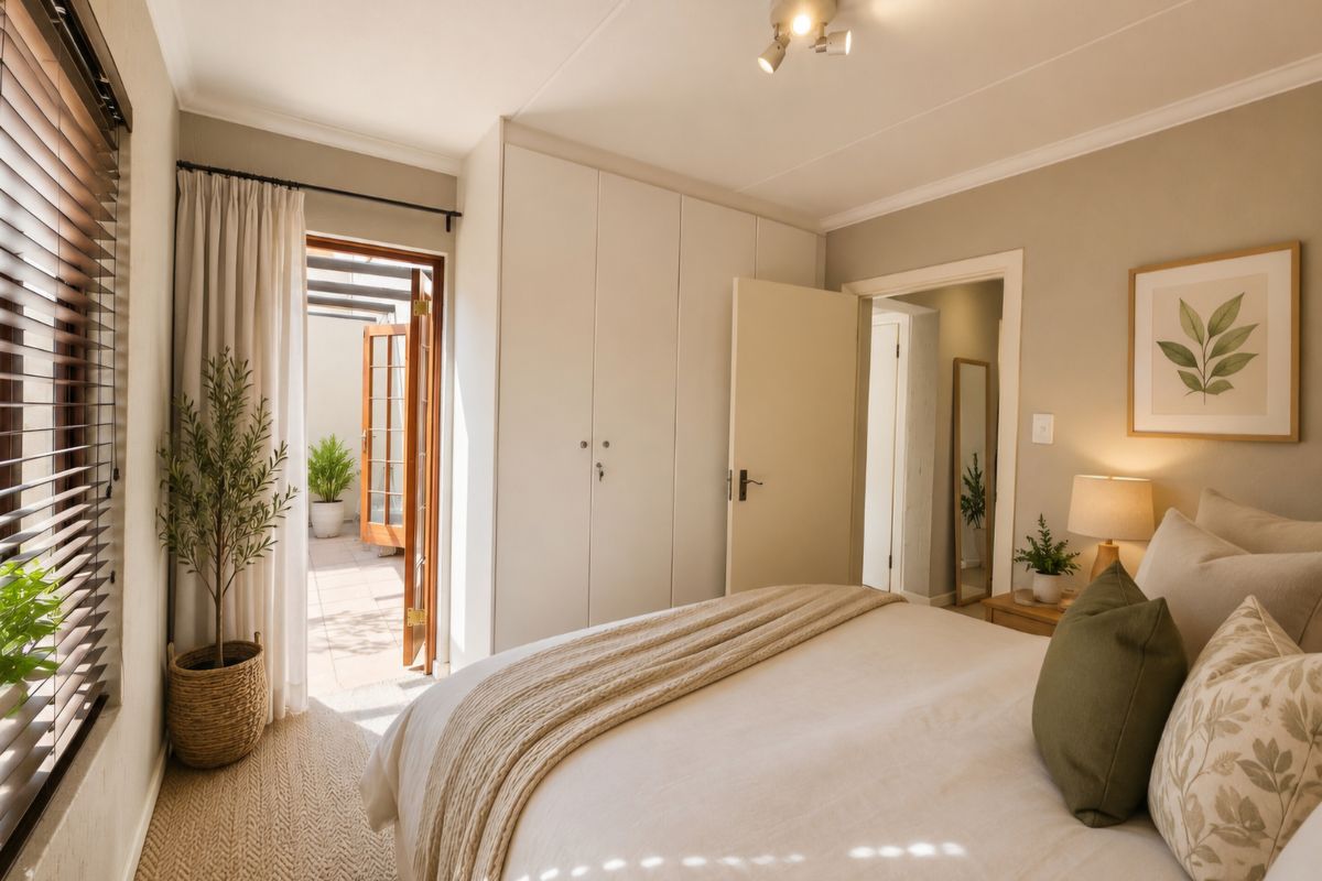 A bright bedroom featuring built-in wardrobes, neutral finishes, and direct access to a private patio area through a glass-paneled door.