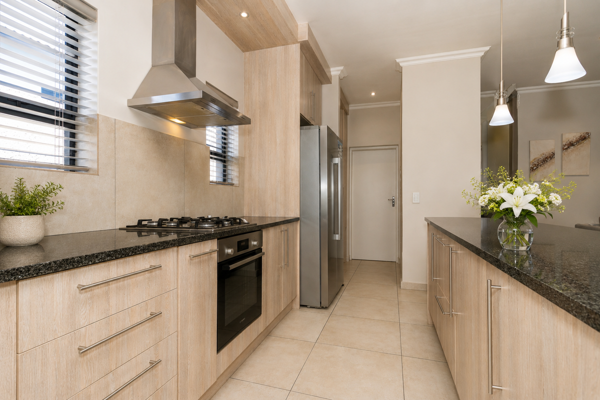 Modern kitchen featuring light wood cabinetry, granite countertops, built-in oven, gas hob, stainless steel extractor fan, and tiled flooring.