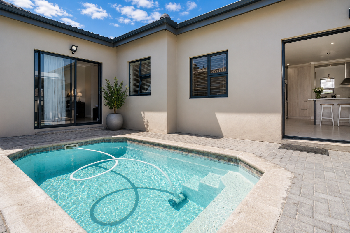 A private courtyard featuring a small plunge pool with paved surround, providing seamless indoor-outdoor flow to the adjacent living and kitchen areas.
