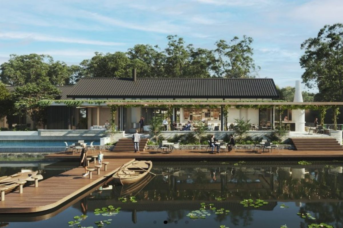 A high-end architectural rendering of a waterfront property featuring a modern deck, swimming pool, and landscaped outdoor entertainment area.