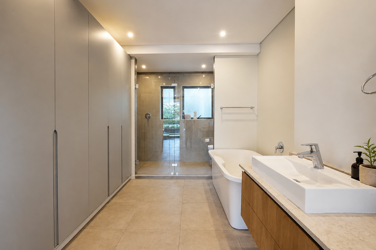 Modern bathroom featuring a floating wood-veneer vanity, integrated basin, freestanding bathtub, and a glass-enclosed walk-in shower with floor-to-ceiling cabinetry.