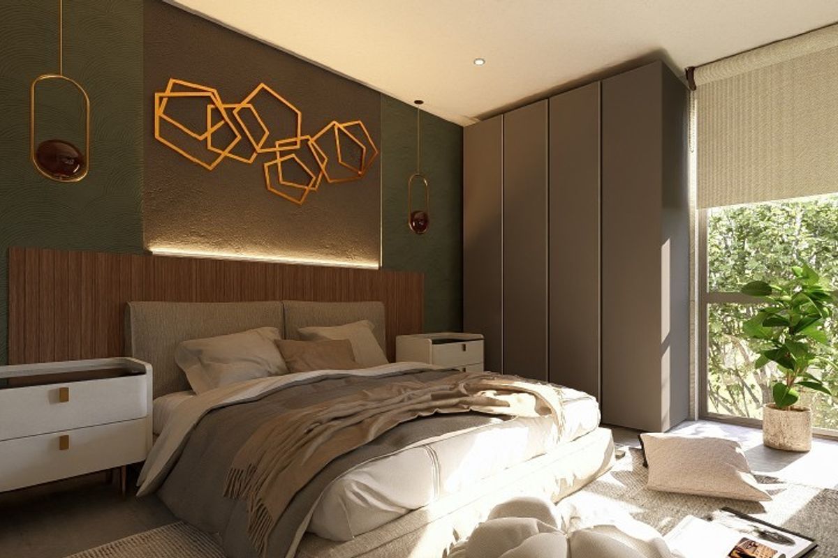 Modern bedroom featuring built-in floor-to-ceiling wardrobes, recessed accent lighting, and large windows providing natural light and garden views.