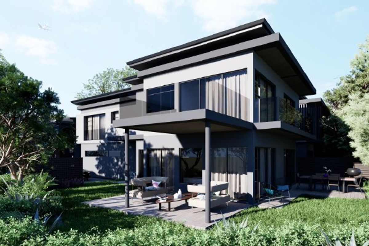 Modern two-story residential property featuring a covered patio, balcony, and landscaped garden area, showcasing contemporary architectural design and clean exterior finishes.