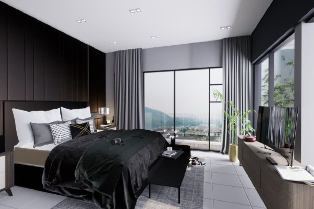 Modern bedroom featuring floor-to-ceiling windows with scenic views, recessed ceiling lighting, and sleek dark wood paneling.