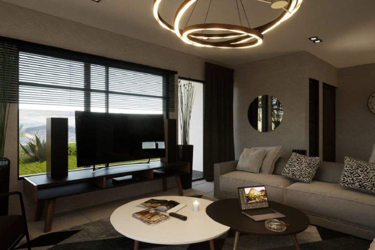 Modern living room featuring large windows, recessed lighting, and a contemporary chandelier, offering a bright and stylish space for relaxation.