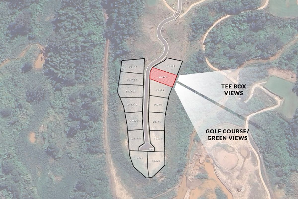 An aerial site plan highlighting a specific plot within a residential estate, showcasing its proximity to golf course tee box and green views.