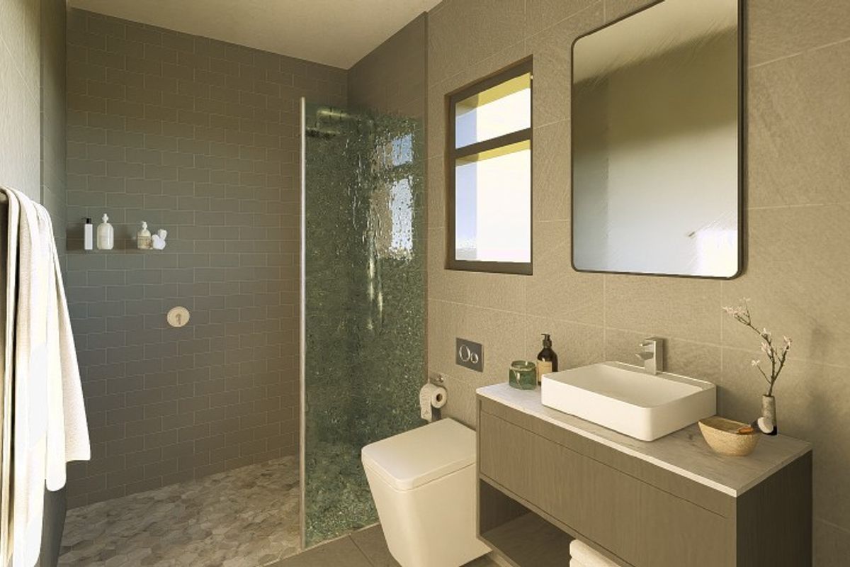 Modern bathroom featuring a walk-in shower with glass screen, wall-mounted toilet, and a contemporary vanity with a vessel sink.