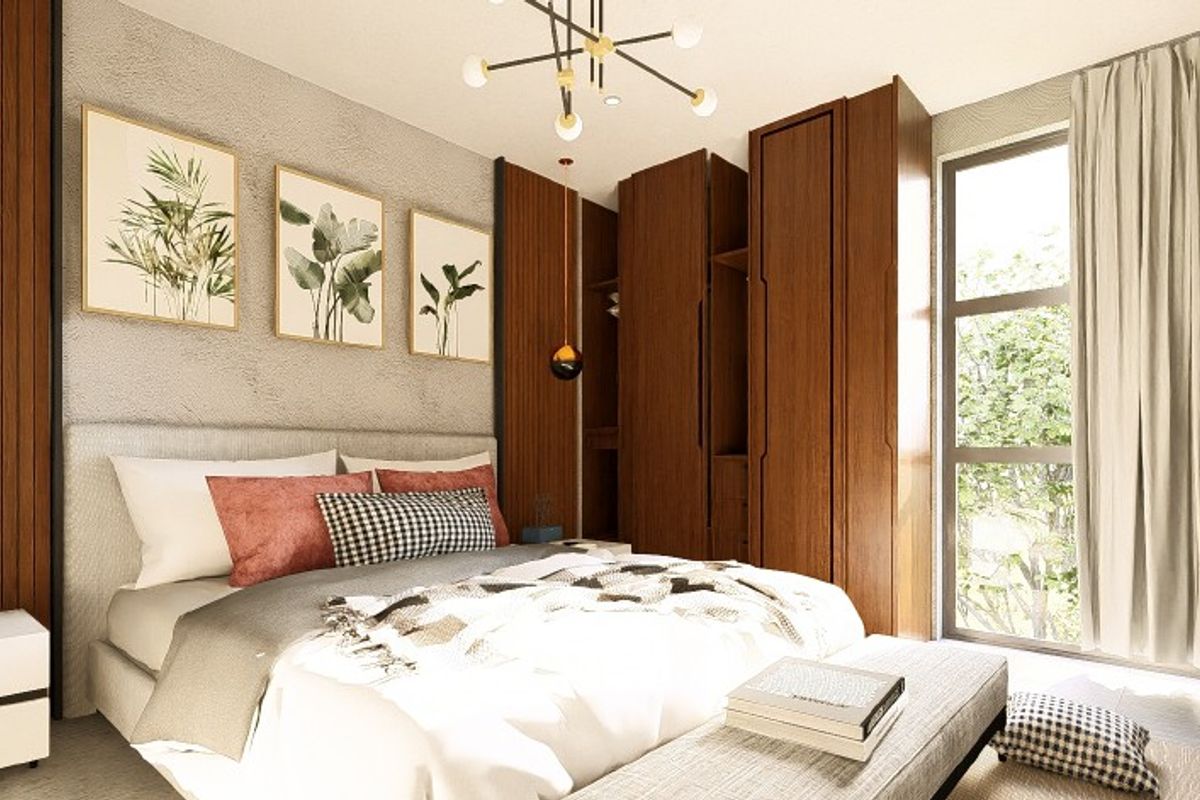 Modern bedroom featuring built-in floor-to-ceiling wooden wardrobes, textured feature wall, and large window providing natural light.