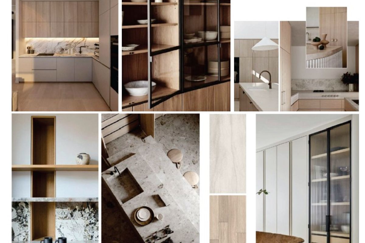 A conceptual moodboard showcasing modern kitchen design elements, including stone countertops, timber cabinetry, and integrated shelving features.