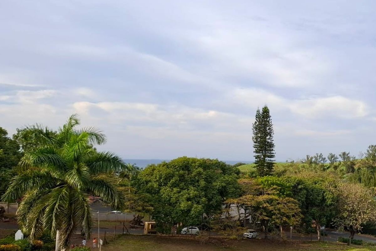 A scenic elevated view overlooking lush green trees, landscaped grounds, and distant coastal scenery.
