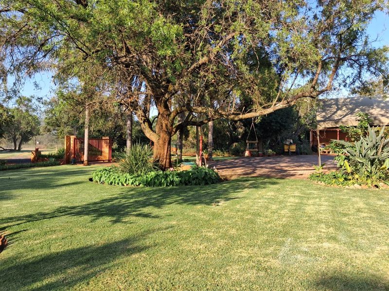 A well-maintained farm garden featuring a large mature tree, expansive lawn, paved driveway area, and established garden beds.