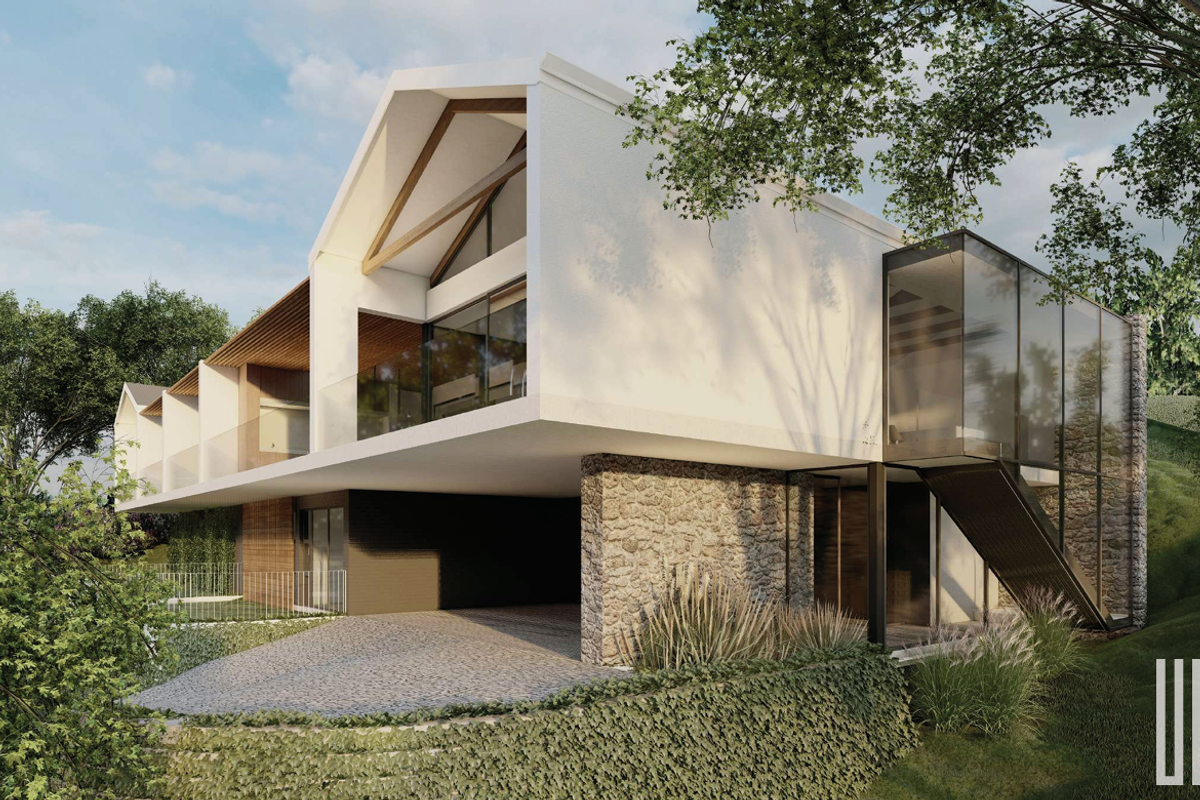 A modern architectural rendering of a luxury residence featuring stone cladding, expansive glass walls, and a striking cantilevered design.