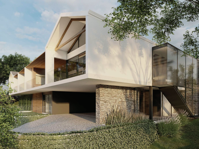 A modern architectural rendering of a luxury residence featuring stone cladding, expansive glass walls, and a striking cantilevered design.