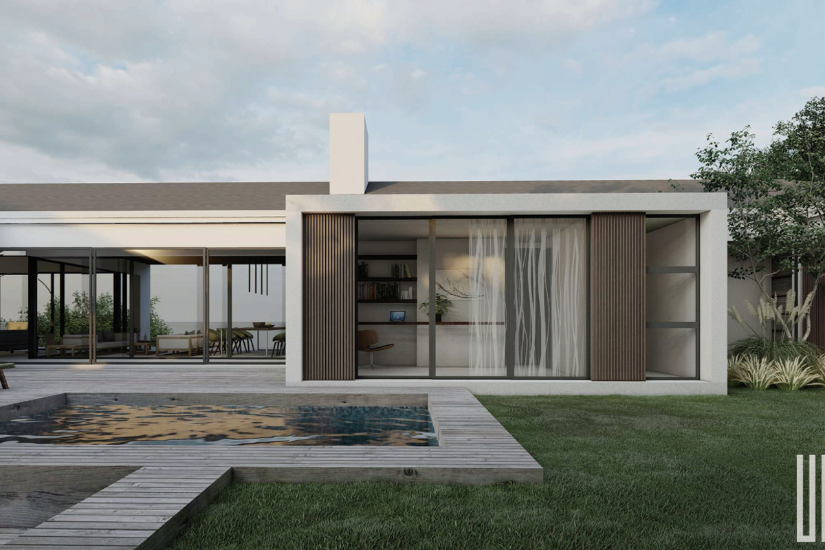 Modern rear exterior view featuring a swimming pool, timber decking, and large sliding glass doors opening into the living space.