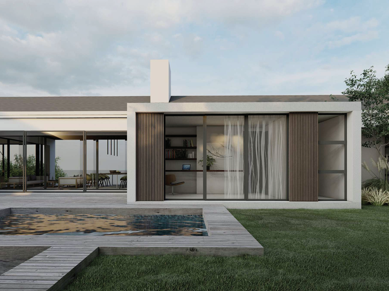 Modern rear exterior view featuring a swimming pool, timber decking, and large sliding glass doors opening into the living space.
