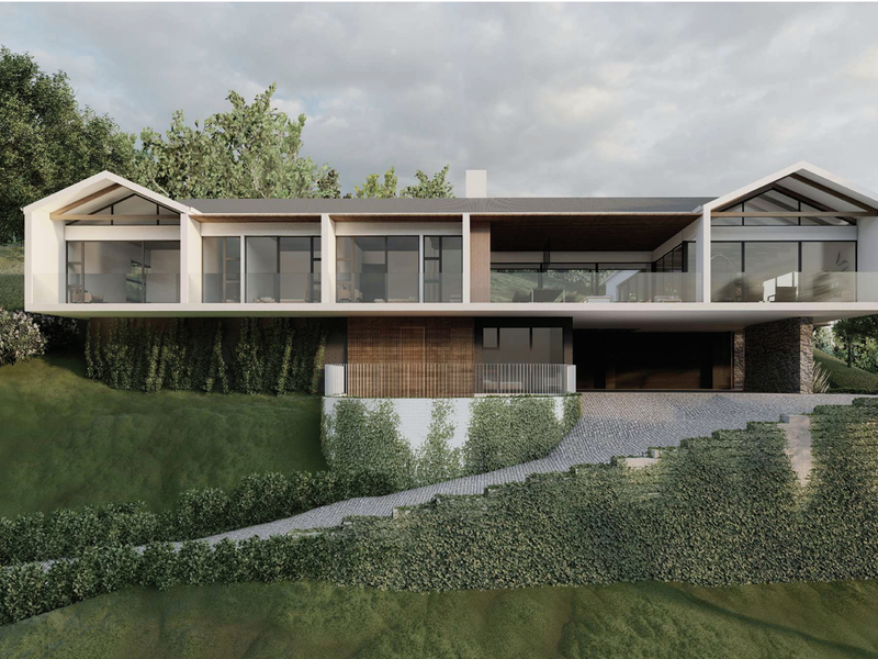 A modern architectural rendering of a luxury residential property featuring a cantilevered design, glass balustrades, and a landscaped driveway on a sloped site.