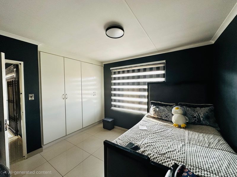 A well-maintained bedroom featuring built-in cupboards, tiled flooring, and modern roller blinds, offering a clean and functional living space.