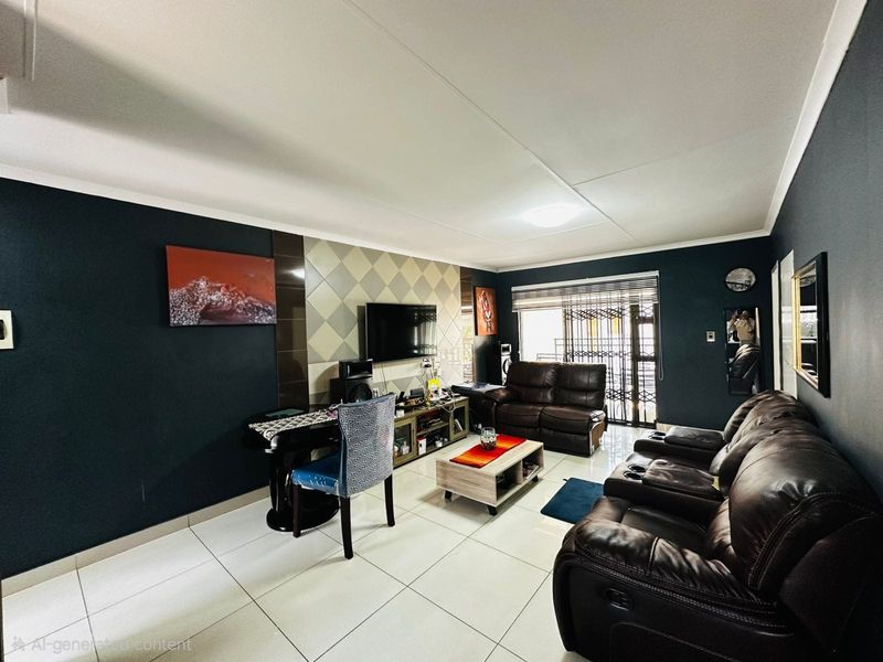 A living room featuring tiled flooring, a decorative tiled feature wall, and access to an outdoor area through a security gate.