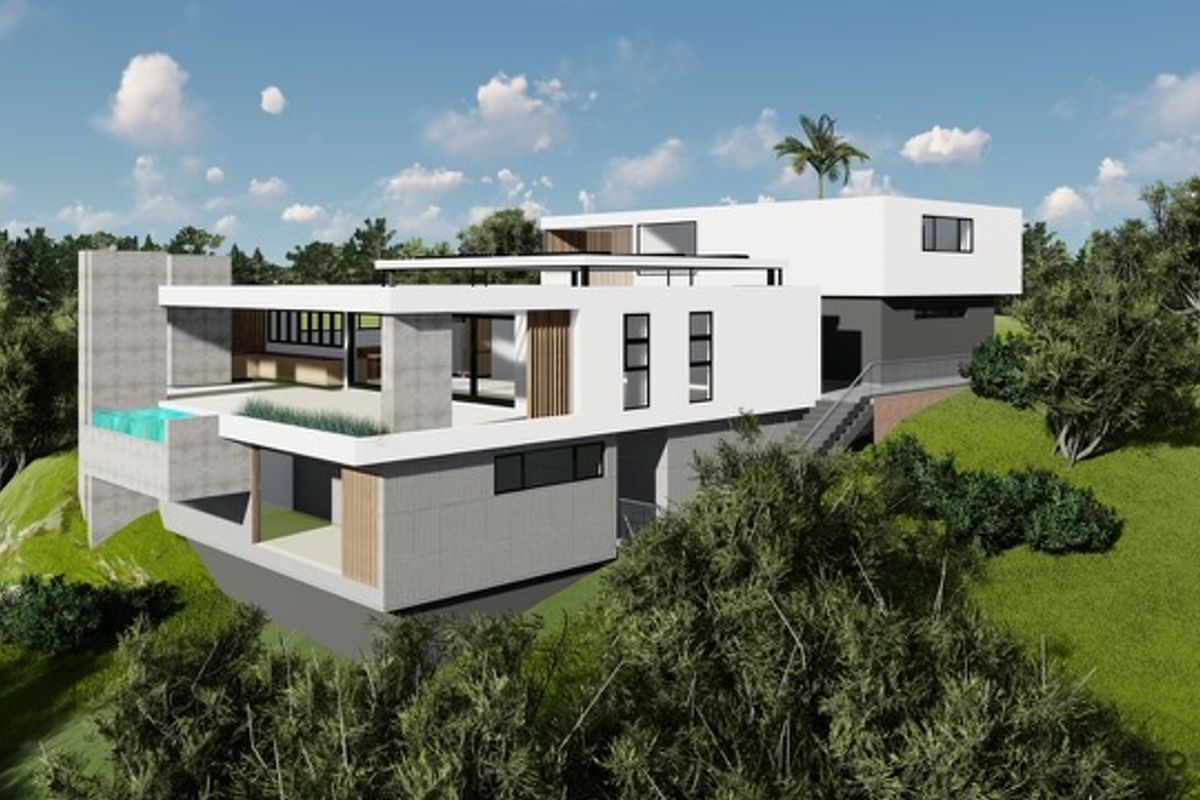A modern architectural rendering of a multi-level residential property featuring a swimming pool, expansive balconies, and contemporary concrete and white finishes.