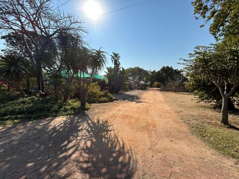 A wide gravel driveway leading to the property entrance, featuring mature trees and established perimeter fencing on a farm-style plot.