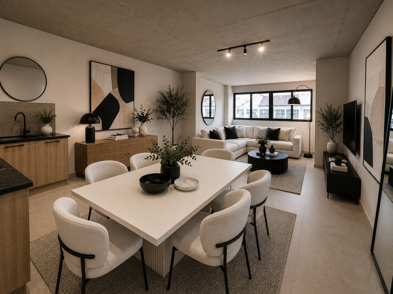 A modern open-plan living and dining area featuring an exposed concrete ceiling, tiled floors, and a sleek kitchen with contemporary finishes.