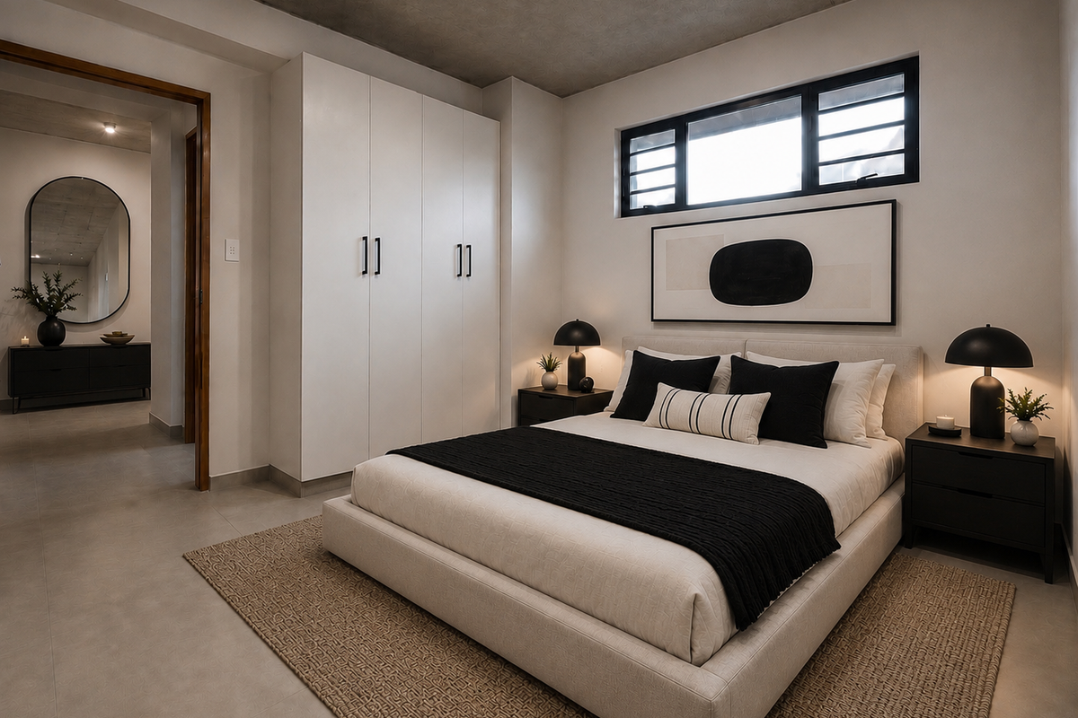Modern bedroom featuring an exposed concrete ceiling, built-in wardrobe, tiled flooring, and a horizontal window, creating a sleek and contemporary living space.