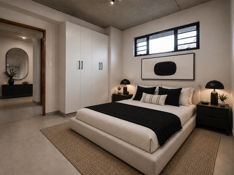 Modern bedroom featuring an exposed concrete ceiling, built-in wardrobe, tiled flooring, and a horizontal window, creating a sleek and contemporary living space.