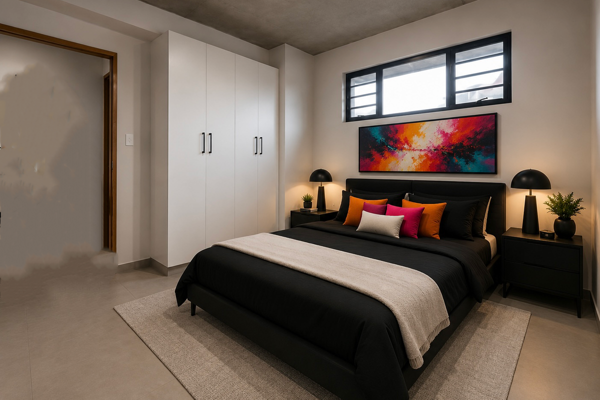 Modern bedroom featuring an exposed concrete ceiling, tiled flooring, built-in white wardrobe, and a horizontal window providing natural light.