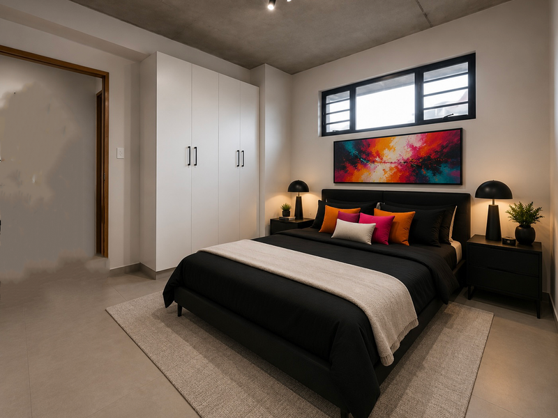 Modern bedroom featuring an exposed concrete ceiling, tiled flooring, built-in white wardrobe, and a horizontal window providing natural light.