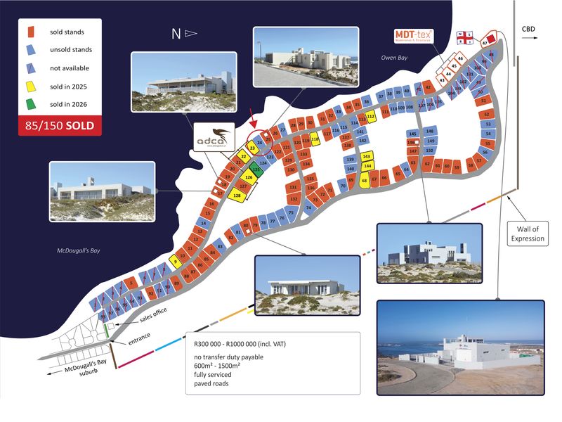 A comprehensive site development plan for a residential estate, illustrating stand availability, layout, and surrounding coastal landscape features.
