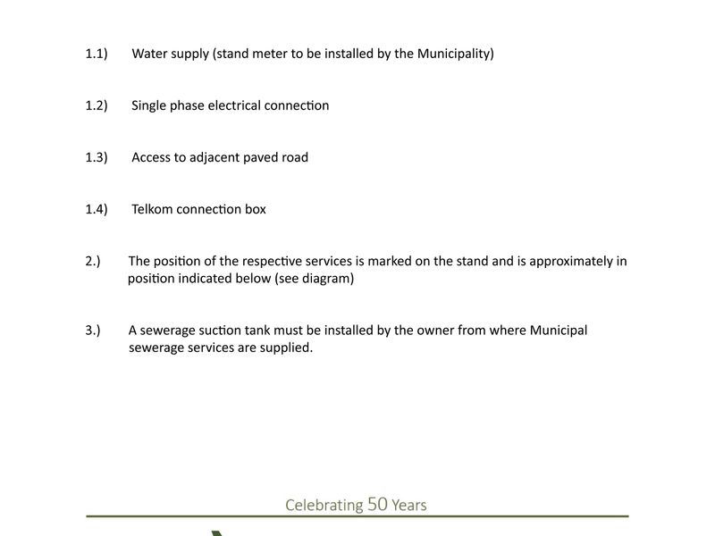 Infrastructure certificate document confirming availability of municipal water, electricity, road access, and telecommunications for the residential stand.