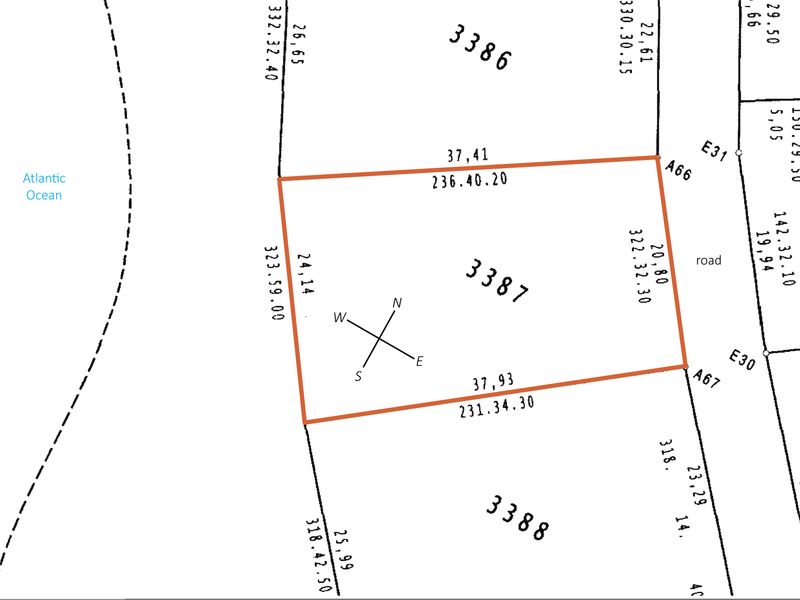 A cadastral survey map showing the boundary dimensions and location of residential plot 3387 relative to the road and the Atlantic Ocean.